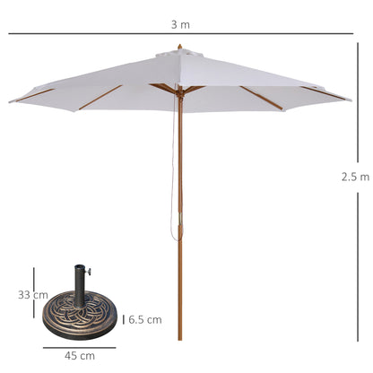 Outsunny 3 m Garden Parasol with Base, Pulley Operated Patio Umbrella, Wooden Parasol, Table Market Umbrella with Rope Pulley Mechanism and 8 Ribs, White