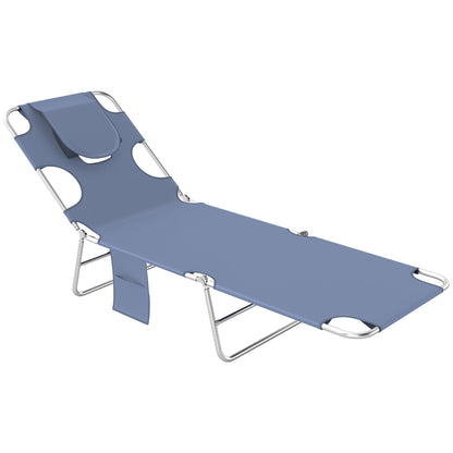 Outsunny Foldable Sun Lounger, Beach Chaise Lounge with Reading Hole, Arm Slots, 5-Position Adjustable Backrest, Side Pocket, Pillow for Garden, Beach, Pool, Grey