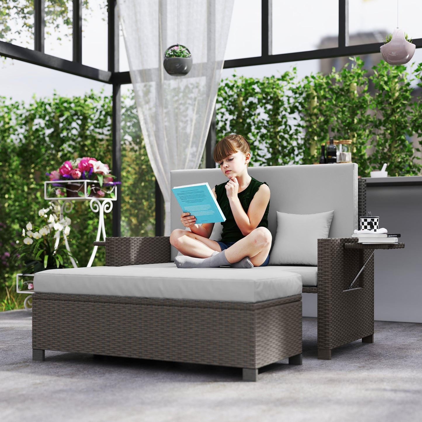 Outsunny Rattan Day Bed, z podnóżkiem - jasnoszary