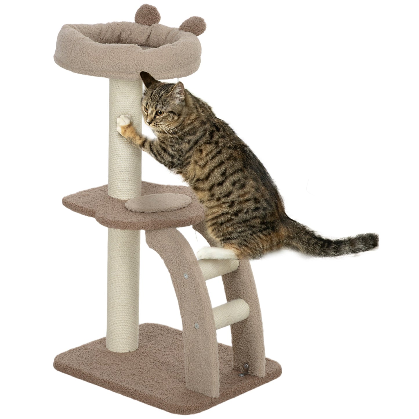 PawHut Cat Tee for Indoor Cats, 88cm Cat Tower with Sisal Scratching Post, Hanging Ball, Large Cat Perch, Stairs, Brown