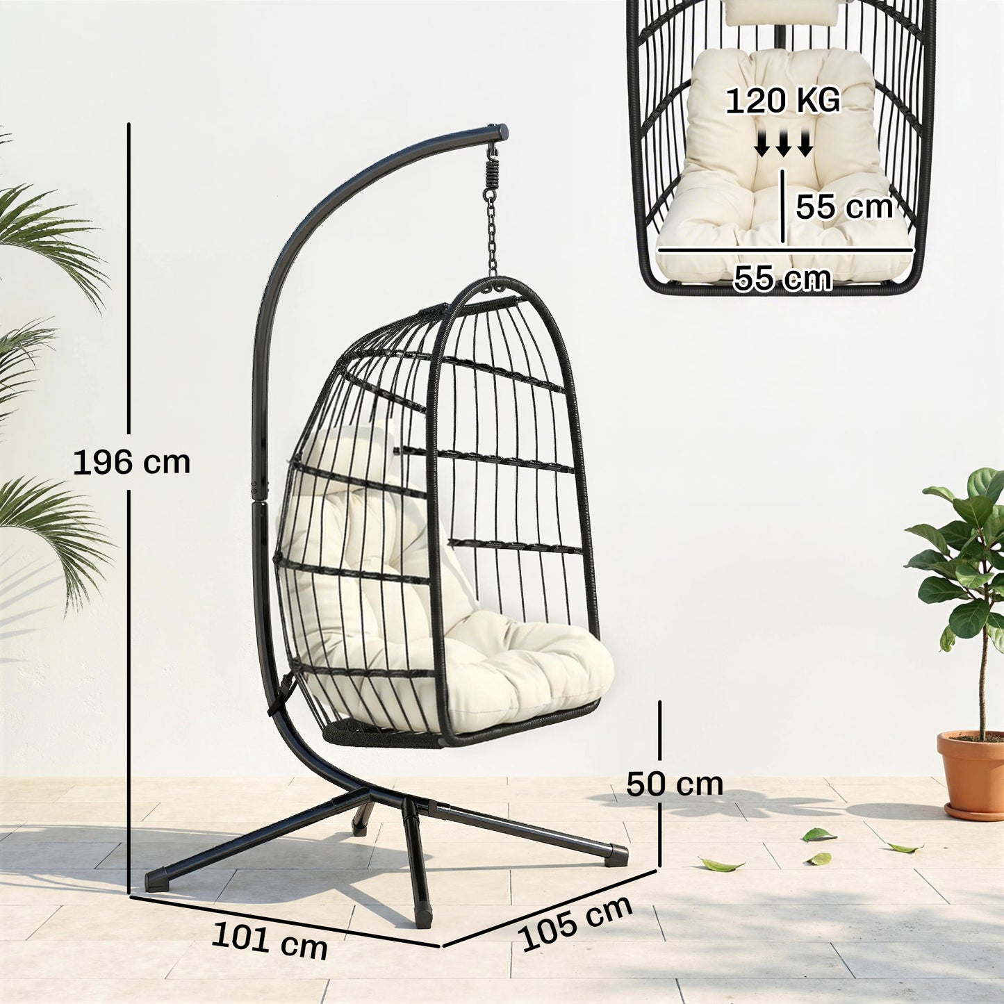 Outsunny Hanging Egg Chair, Indoor Outdoor Hammock Swing Chair with Stand, Safety Strap, Foldable Basket, Black/Cream White