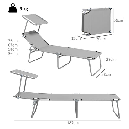 Outsunny Outdoor Foldable Sun Lounger Set of 2, 4 Level Adjustable Backrest Reclining Sun Lounger Chair with Angle Adjust Sun Shade Awning for Beach, Garden, Patio, Light Grey