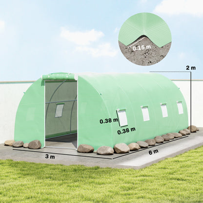 Outsunny 6 x 3 m Walk-in Polytunnel Greenhouse, Zipped Roll-Up Door, 8 Mesh Windows, UV-Resistant PE Cover, Green