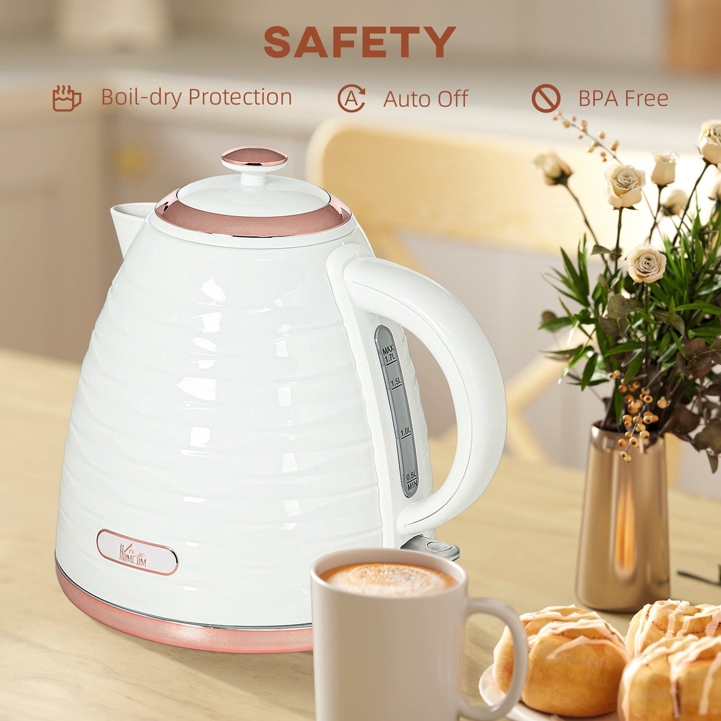 HOMCOM Electric Kettle, 1.7L, Fast Boil, 3kW Water Kettle with Removable Washable Anti-scale Filter, Auto Shut-off, 360¡ Swivel, BPA Free, Cream White Water Ripple Texture