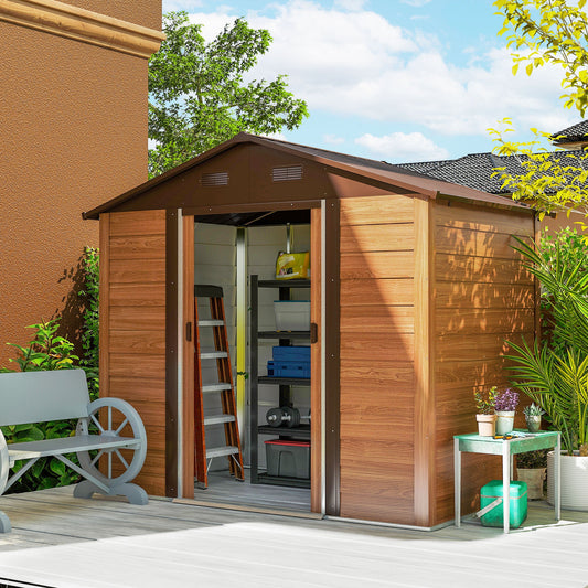 Outsunny 8 x 6ft Garden Storage Shed z przesuwanymi drzwiami - Brązowy efekt drewna