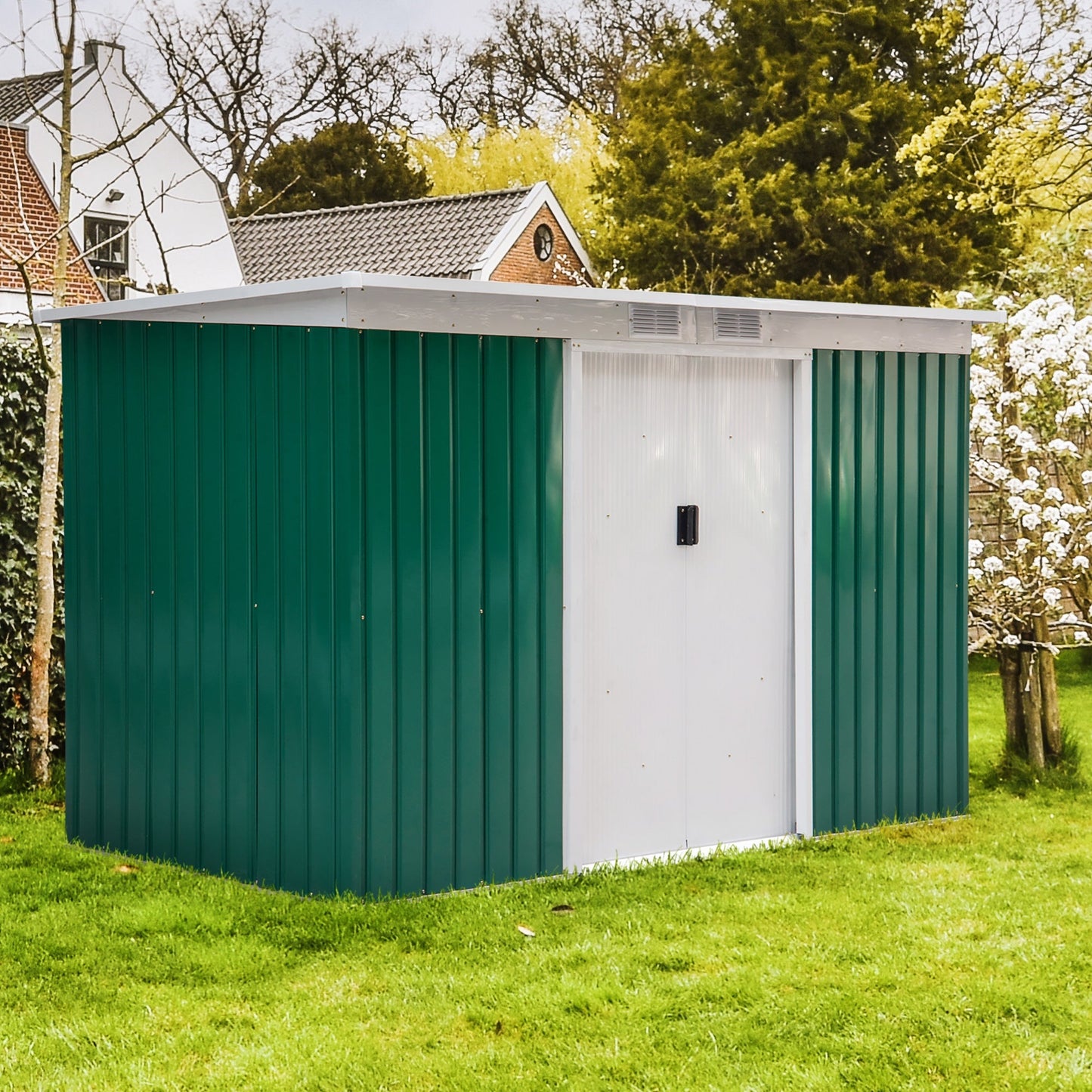 Outsunny 9ft x 4.25ft Corrugated Garden Metal Storage Shed Outdoor Equipment Tool Box with Foundation Ventilation & Doors Deep Green