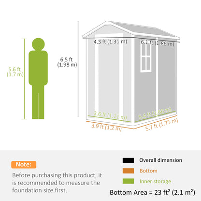 Outsunny 4 x 6ft Garden Shed, plastikowa szopa z podłogą, oknem, zamykanymi drzwiami i otworami wentylacyjnymi, żywiczna szopa na narzędzia do przechowywania na patio, zerowa konserwacja, szara