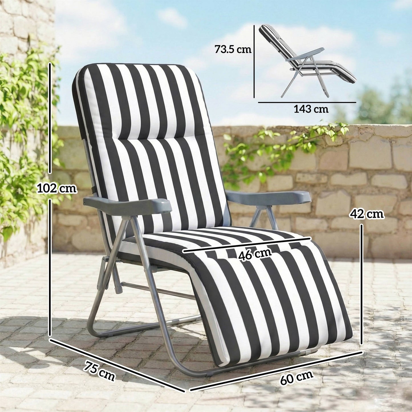 Outsunny Set of 2 Foldable Patio Sun Lounger with Adjustable Backrest and Cushion, Grey and White