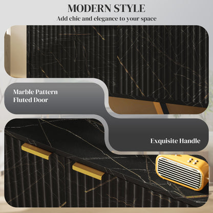 HOMCOM Marble Effect TV Unit, TV Stand Cabinet for up to 70" TVs, Modern TV Cabinet with Shelves and Storage Cupboard, Fluted Door, Extra Centre Leg, Cable Management for Living Room, Black