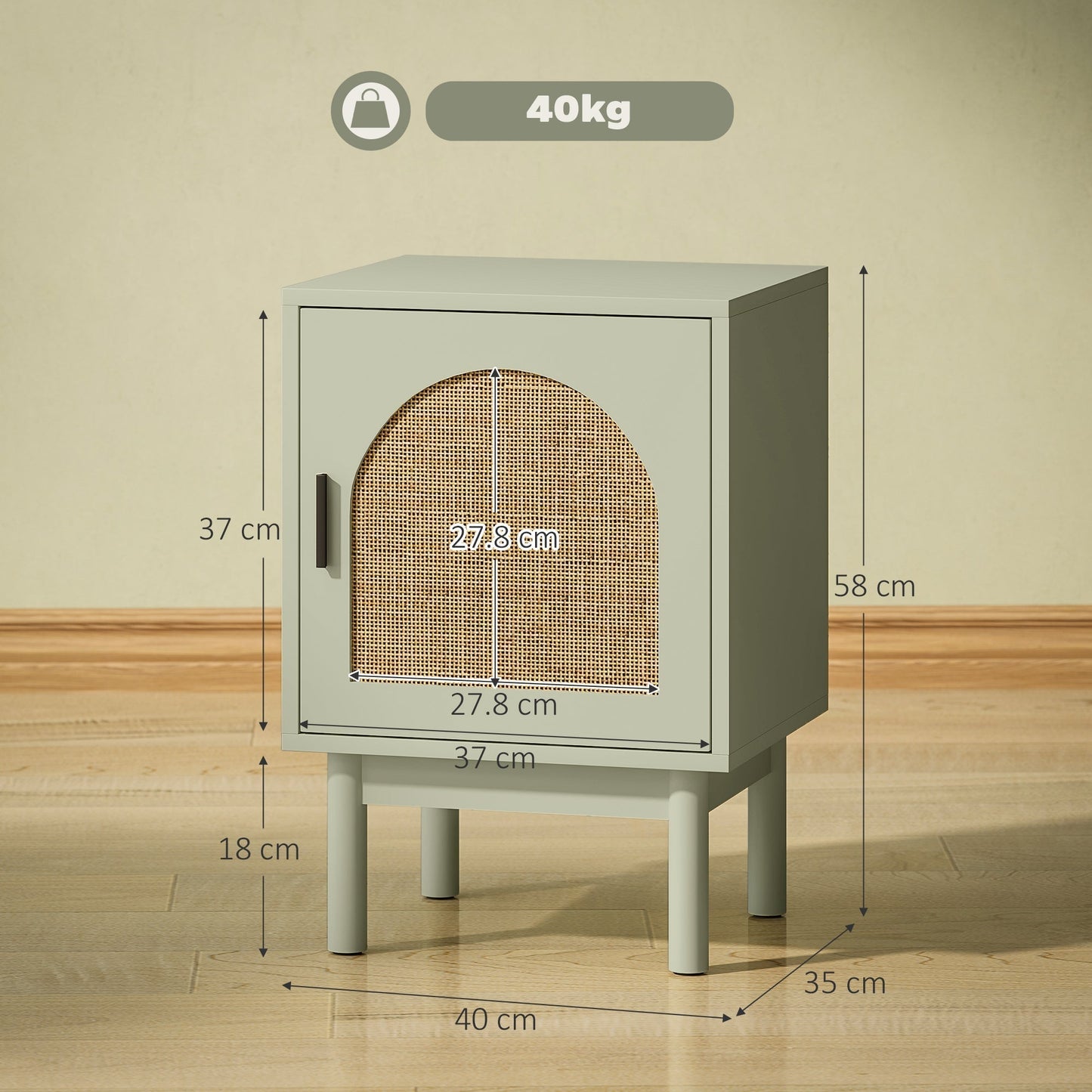 HOMCOM Rattan Bedside Table for Bedroom - Light Green