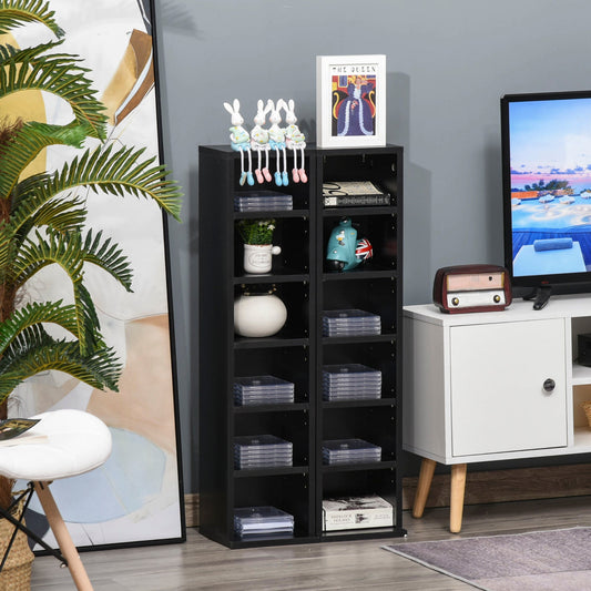 HOMCOM 204 CD Media Display Shelf Unit Set of 2 Blu-Ray Tower Rack w/ Adjustable Shelves Bookcase Storage Organiser, Black