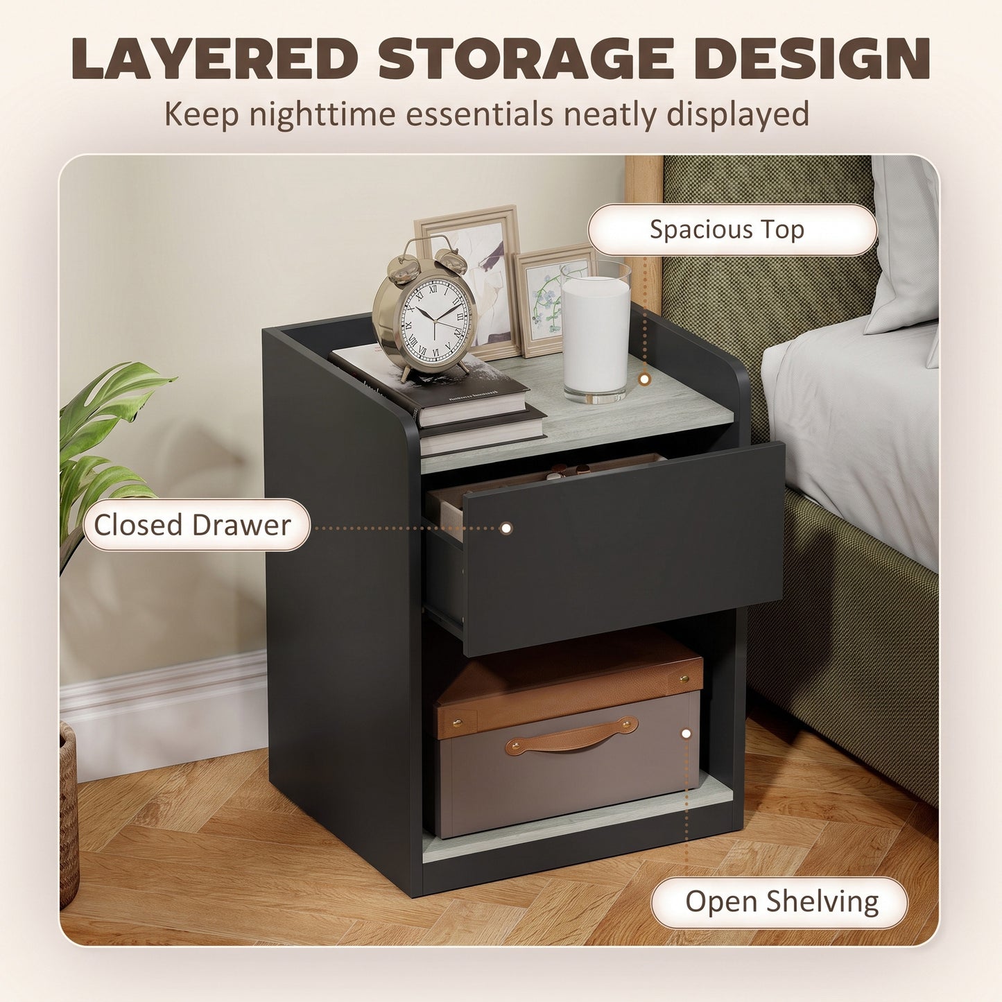 HOMCOM Modern Bedside Table, Slim Nightstand with Drawer, Shelf and Cable Holes, Black and Grey Wood Effect