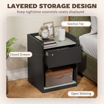HOMCOM Modern Bedside Table, Slim Nightstand with Drawer, Shelf and Cable Holes, Black and Grey Wood Effect