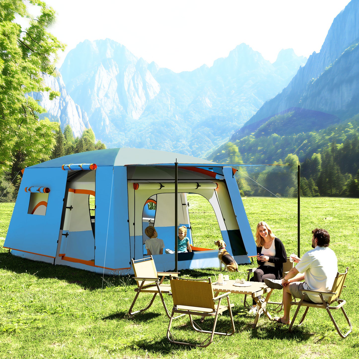 Outsunny 4 Man Camping Tent, Double Layer Tunnel Tent with Porch, Living Area and 2 Bedrooms, Sewn in Groundsheet, 3000mm Waterproof and UPF 30+, Portable with Bag, 430 x 305 x 195 cm Large, Blue