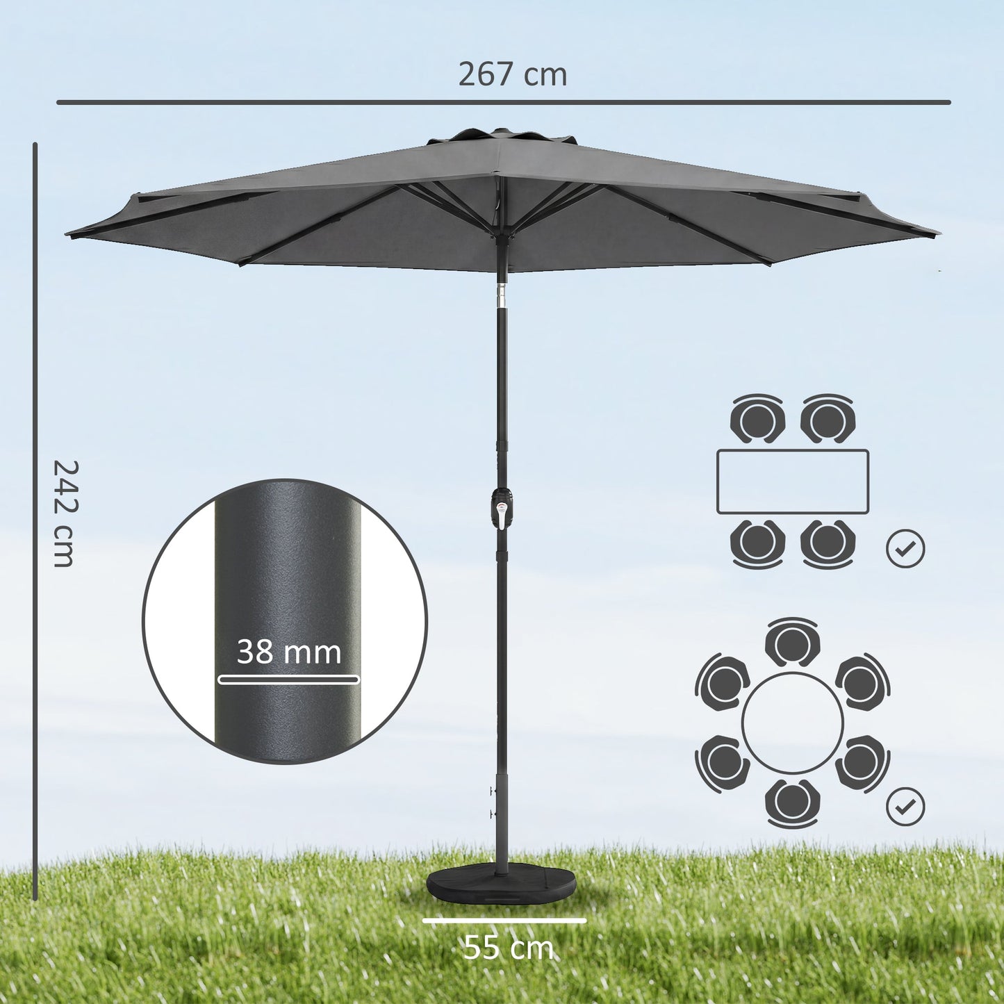 Outsunny 2.7 m Garden Parasol Umbrella with Cross Base and Sandbag, Retractable Ribs, Outdoor Table Market Umbrella, Light Grey