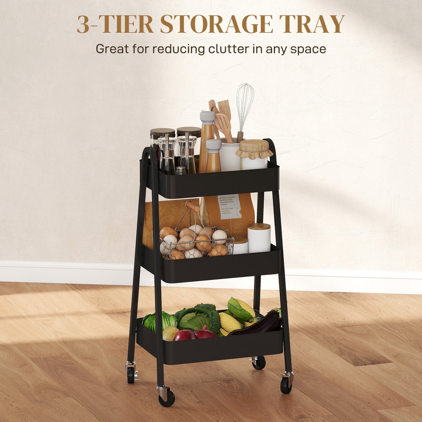 HOMCOM Three-Tier Storage Trolley - Black