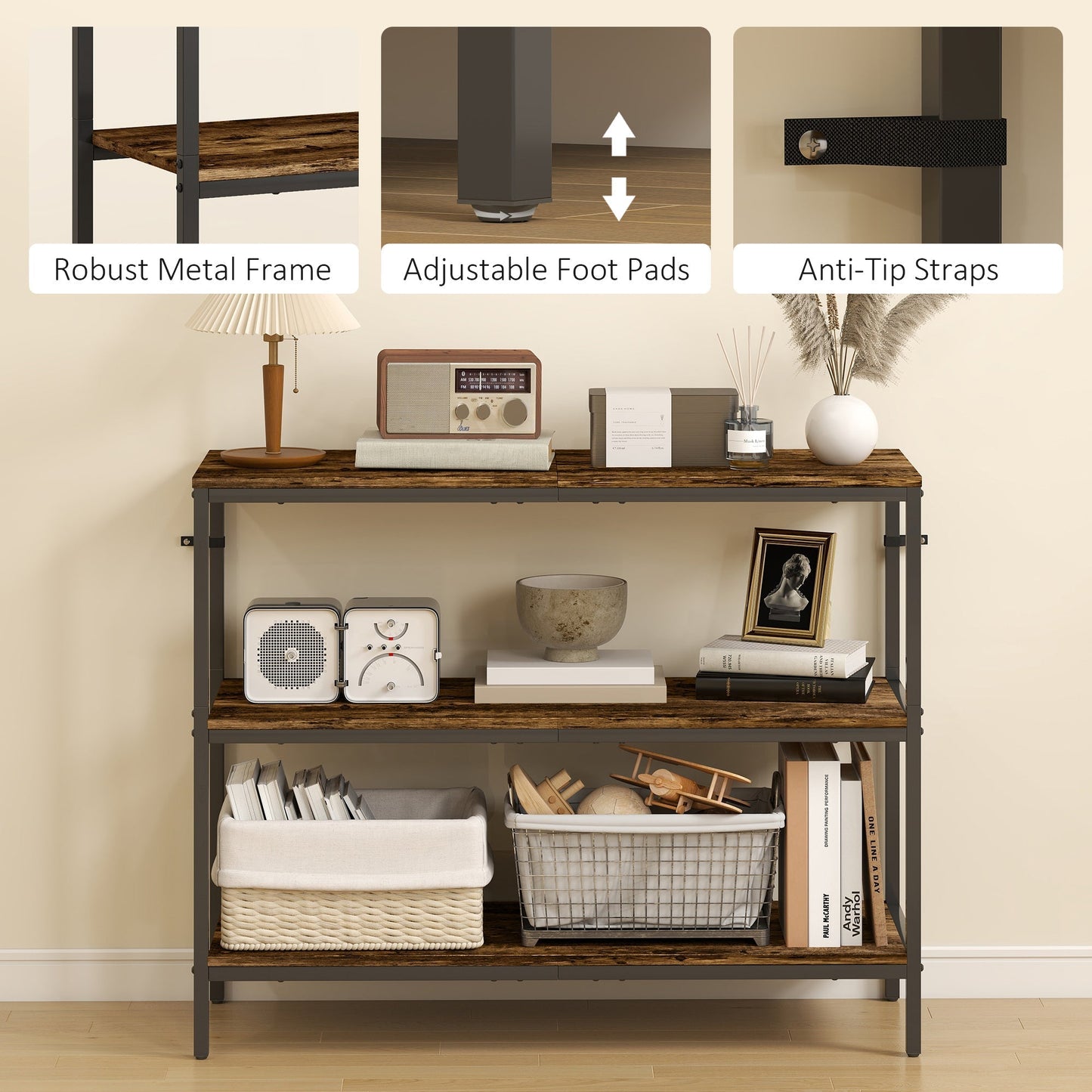 HOMCOM 3-Tier Console Table with Storage Shelves - Rustic Brown