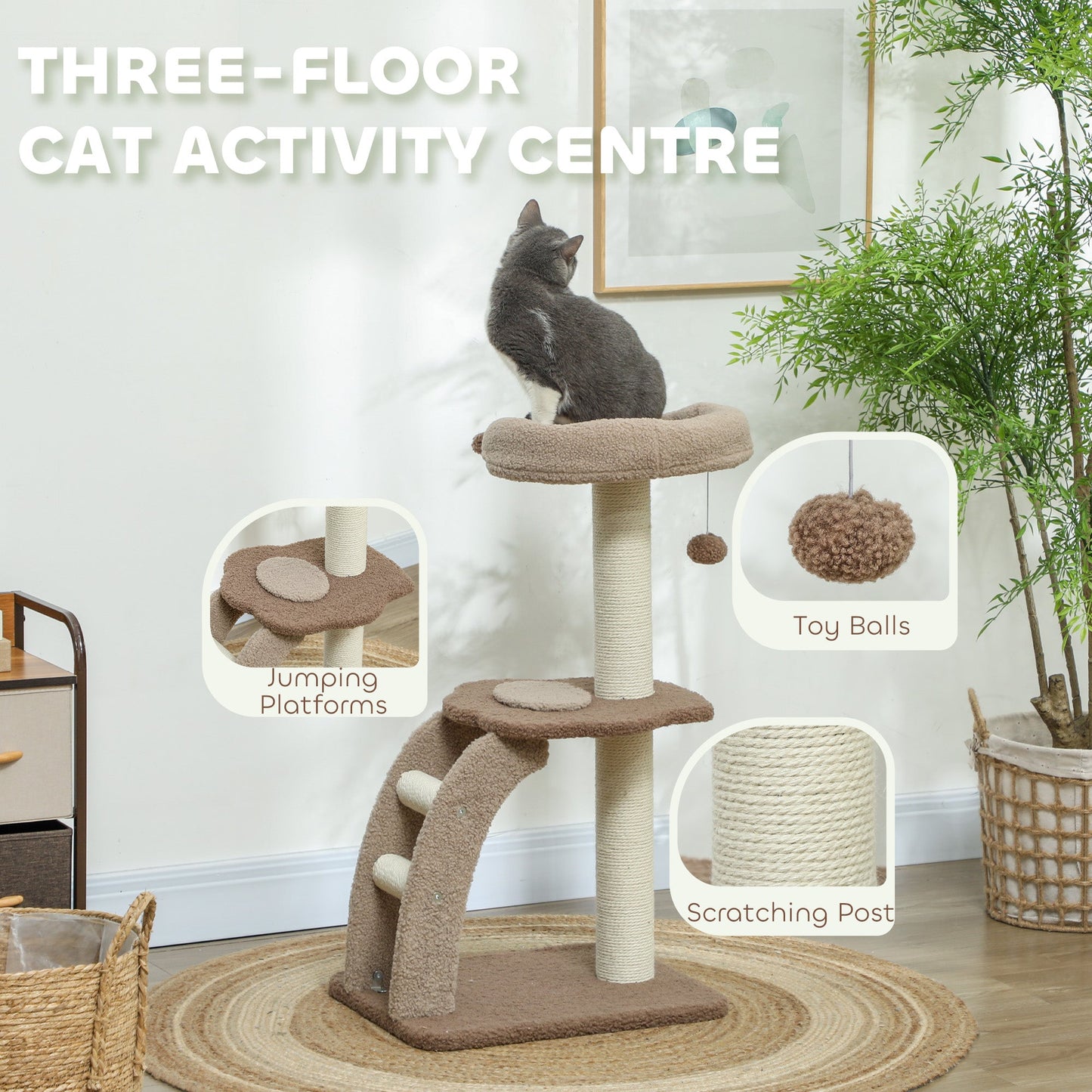 PawHut Cat Tee for Indoor Cats, 88cm Cat Tower with Sisal Scratching Post, Hanging Ball, Large Cat Perch, Stairs, Brown