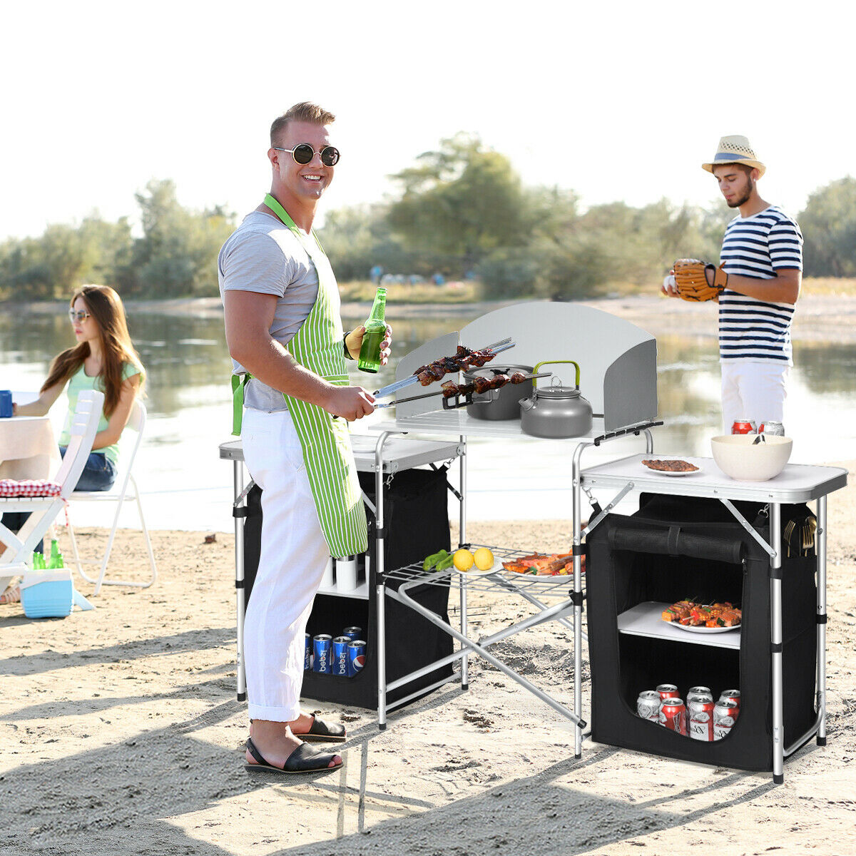 2 in 1 Folding Aluminium Table with Windshield-Black
