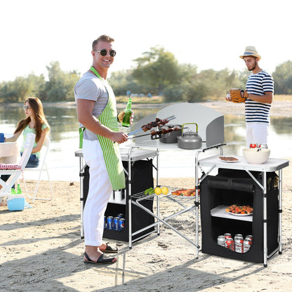 2 in 1 Folding Aluminium Table with Windshield-Black