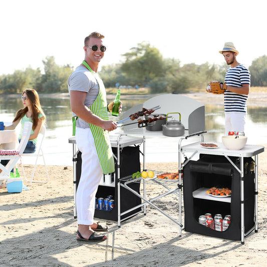 2 in 1 Folding Aluminium Table with Windshield-Black