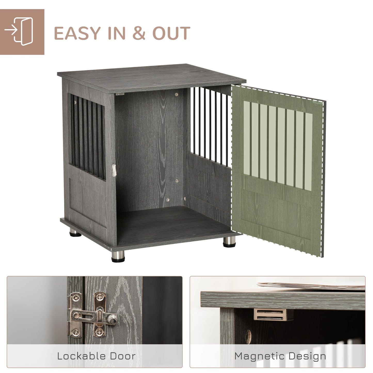 PawHut Dog Crate Furniture, Wooden End Table, Small Pet Kennel with Magnetic Door Indoor Crate Animal Cage, Grey