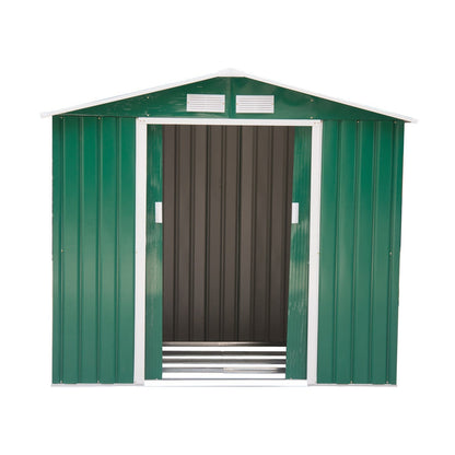 Outsunny 7ft x 4ft Lockable Garden Shed Large Patio Roofed Tool Metal Storage Building Foundation Sheds Box Outdoor Furniture, Green