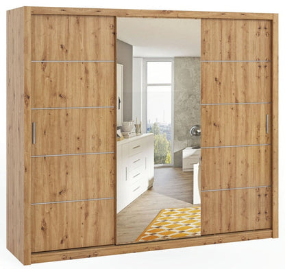 Bonito Sliding Door Wardrobe with Mirror - 250 white, oak artisan, gold, and oak monastery