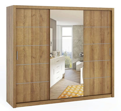 Bonito Sliding Door Wardrobe with Mirror - 250 white, oak artisan, gold, and oak monastery