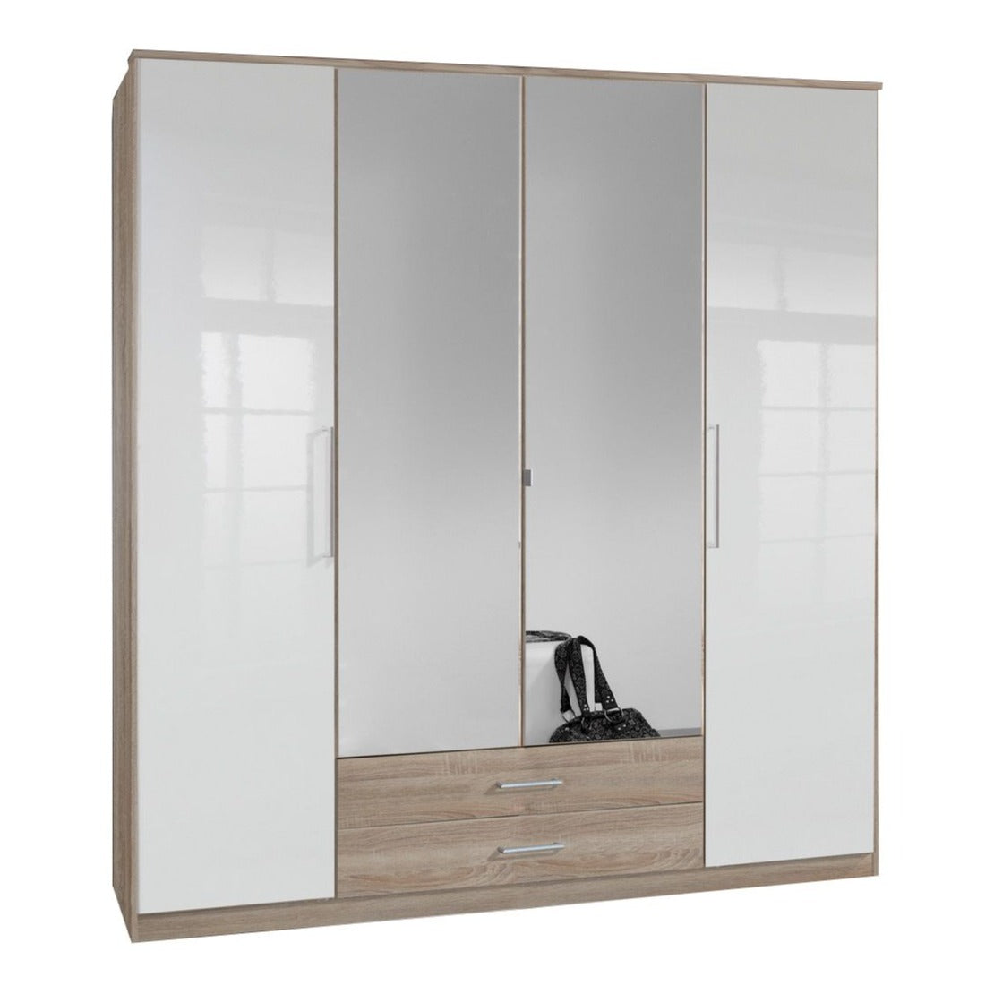 Daniel 4 Door Large Wardrobe with Mirror - White Gloss And Oak Effect