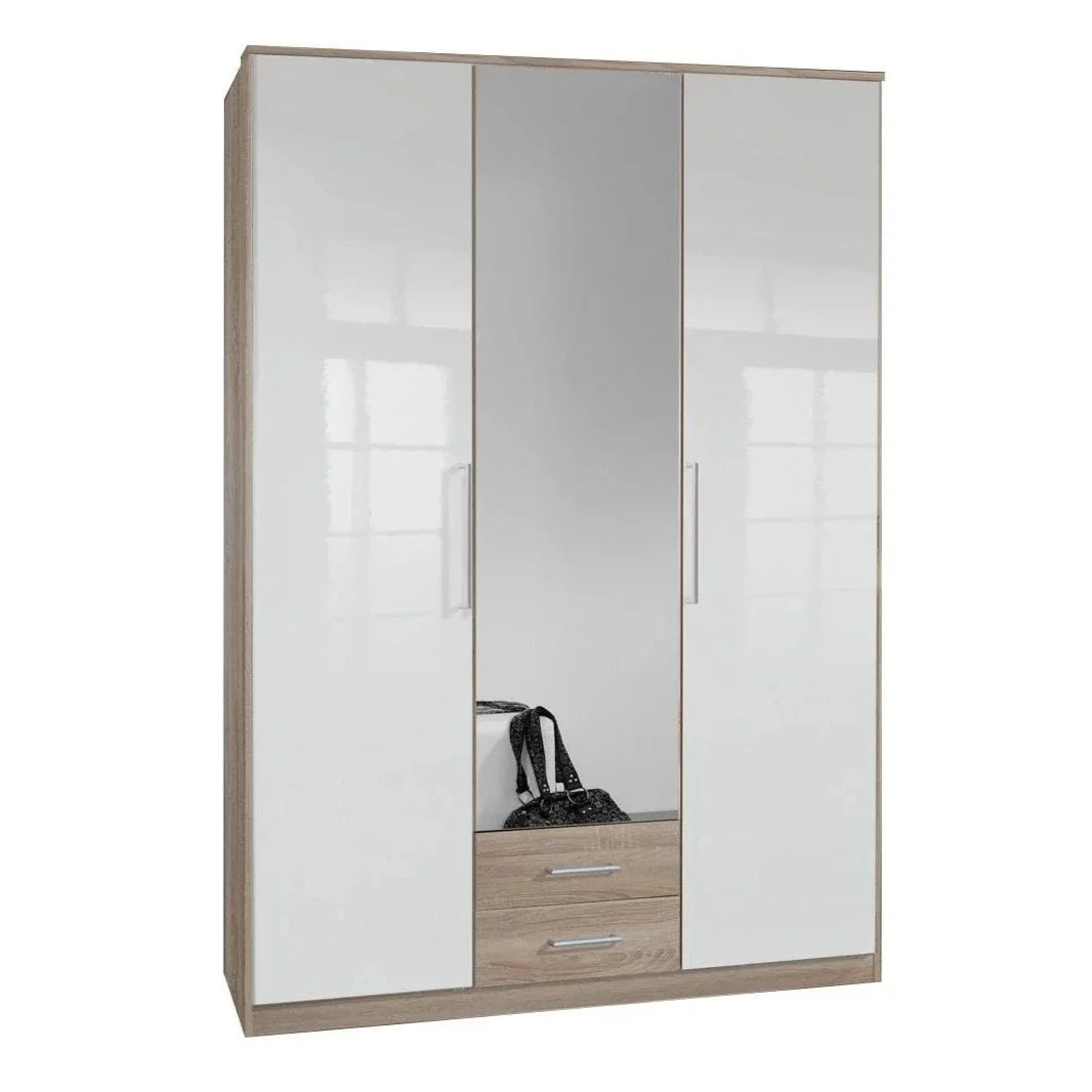 Gema 3 Door 2 Drawer Mirrored Wardrobe - Oak and White Gloss