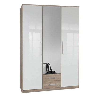 Gema 3 Door 2 Drawer Mirrored Wardrobe - Oak and White Gloss