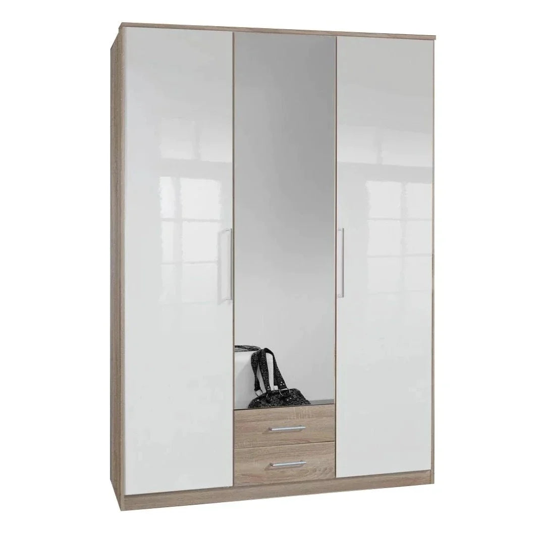 Daniel 3 Door Wardrobe with 2 Drawers - White Gloss And Oak Effect