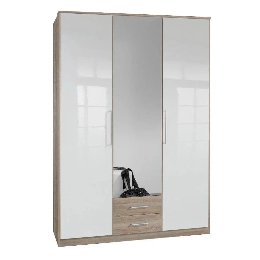 GEMA 3 Door Mirrored Wardrobe Oak and White Gloss 135cm