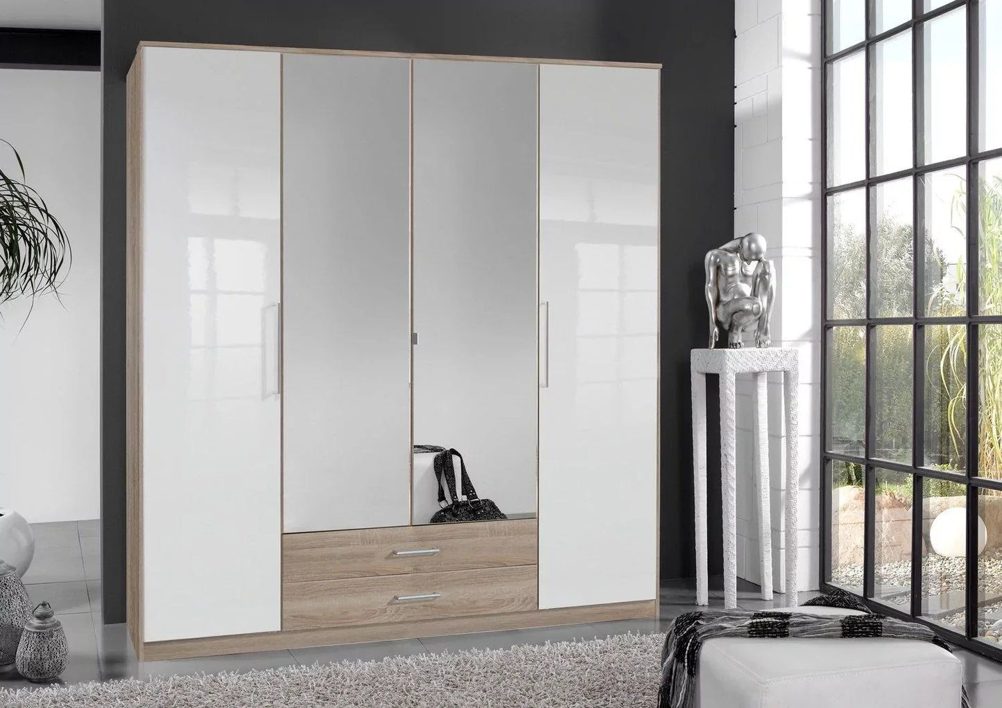 Gema 4 Door 2 Drawer Mirrored Wardrobe - Oak and White Gloss