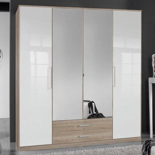 Gema 4 Door 2 Drawer Mirrored Wardrobe - Oak and White Gloss