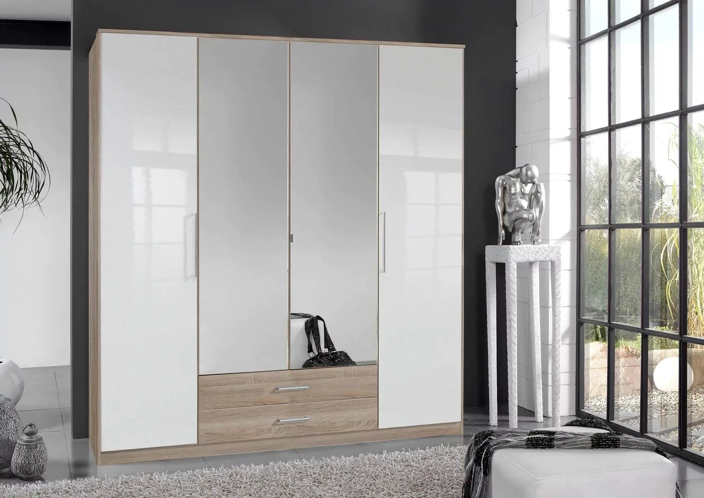 Daniel 4 Door Large Wardrobe with Mirror - White Gloss And Oak Effect