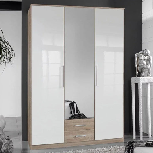 Gema 3 Door 2 Drawer Mirrored Wardrobe - Oak and White Gloss