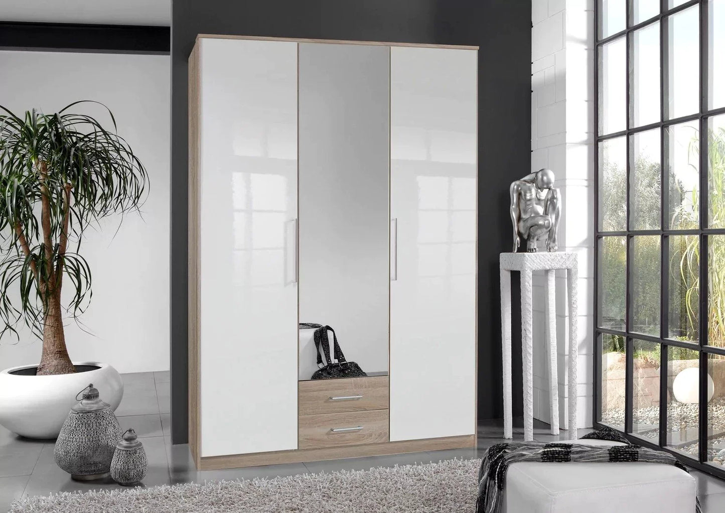 Daniel 3 Door Wardrobe with 2 Drawers - White Gloss And Oak Effect