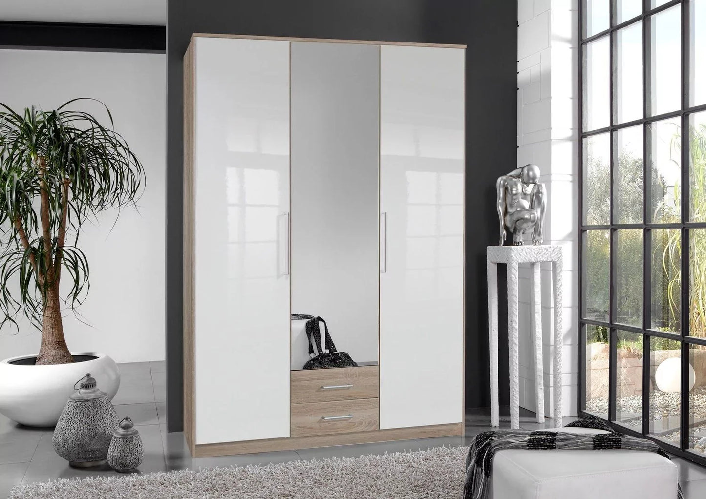 Gema 3 Door 2 Drawer Mirrored Wardrobe - Oak and White Gloss