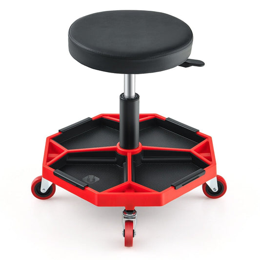 Garage Workshop Creeper Seat with Padded Seat and Tool Tray-Red