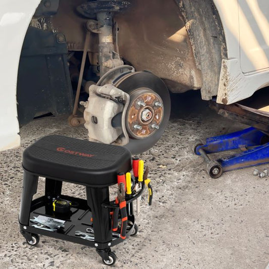 Rolling Workshop Stool with Storage Removable Mechanic Seat with Equipment Tray Tool Holder Load 136 kg Black