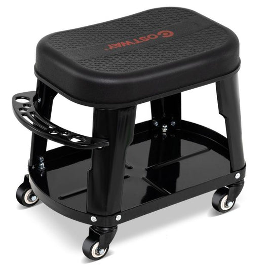 Rolling Workshop Stool with Storage Removable Mechanic Seat with Equipment Tray Tool Holder Load 136 kg Black
