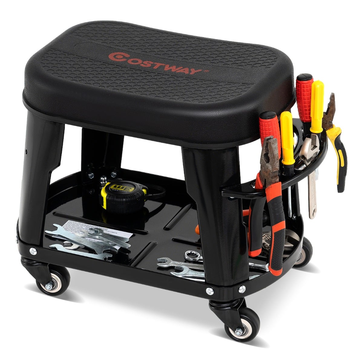 Garage Rolling Stool with Equipment Tray and Tool Holder-Black