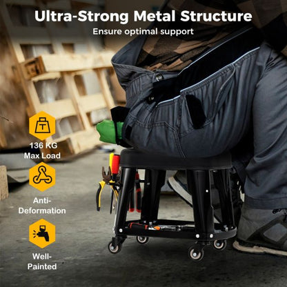 Rolling Workshop Stool with Storage Removable Mechanic Seat with Equipment Tray Tool Holder Load 136 kg Black