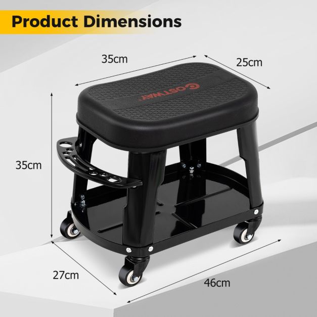 Rolling Workshop Stool with Storage Removable Mechanic Seat with Equipment Tray Tool Holder Load 136 kg Black