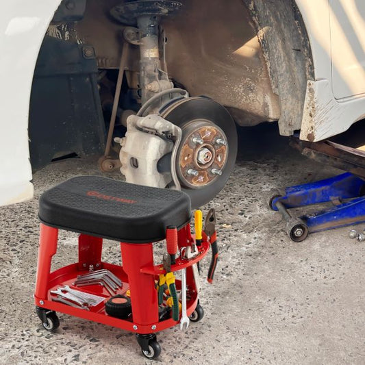 Garage Rolling Stool with Equipment Tray and Tool Holder-Red
