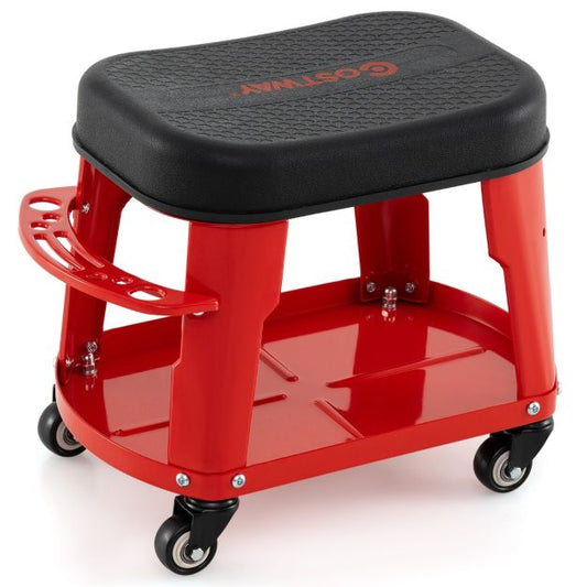 Garage Rolling Stool with Equipment Tray and Tool Holder-Red
