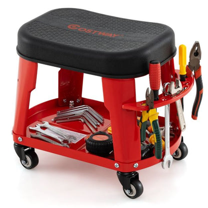 Garage Rolling Stool with Equipment Tray and Tool Holder-Red