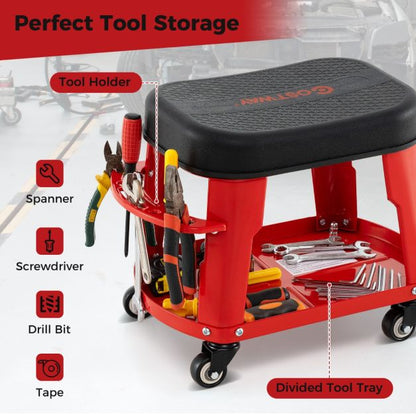 Garage Rolling Stool with Equipment Tray and Tool Holder-Red
